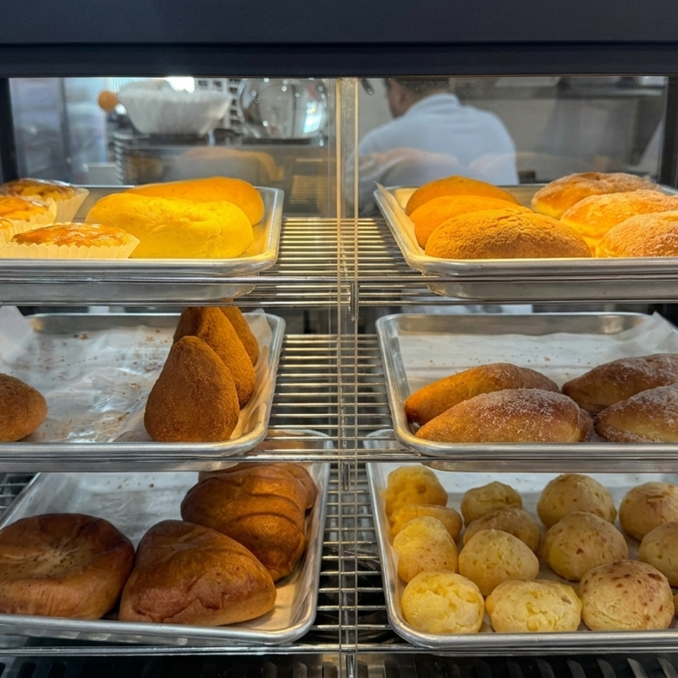 Glass bakery display case filled with trays of assorted freshly baked breads, rolls, buns, and pastries.